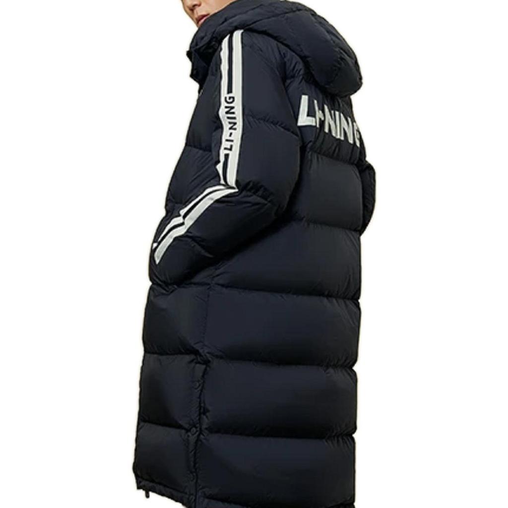 Li Ning Kontrastfarbenes Markenlogo Bedruckte Lange Daunenjacke mit Kapuze Unisex Oberbekleidung Schwarz AYMS335-1