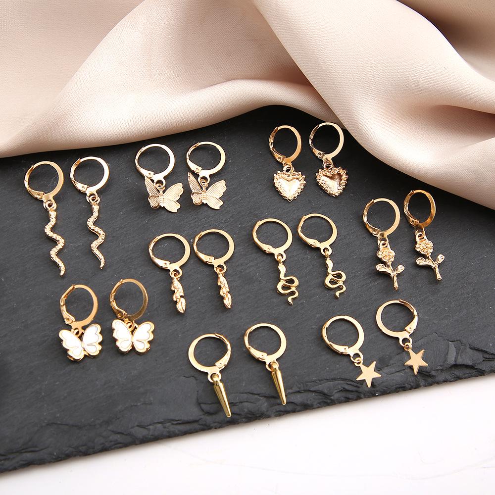 European & American Cross-border Women's Snake, Butterfly, Rose Ear Jewelry Set - 9 Pieces