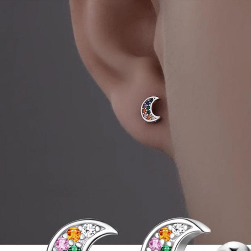 Men Moon Stud Earrings Rainbow Zirconia Crescent Moon Barbell Huggie Ear Piercing Jewelry