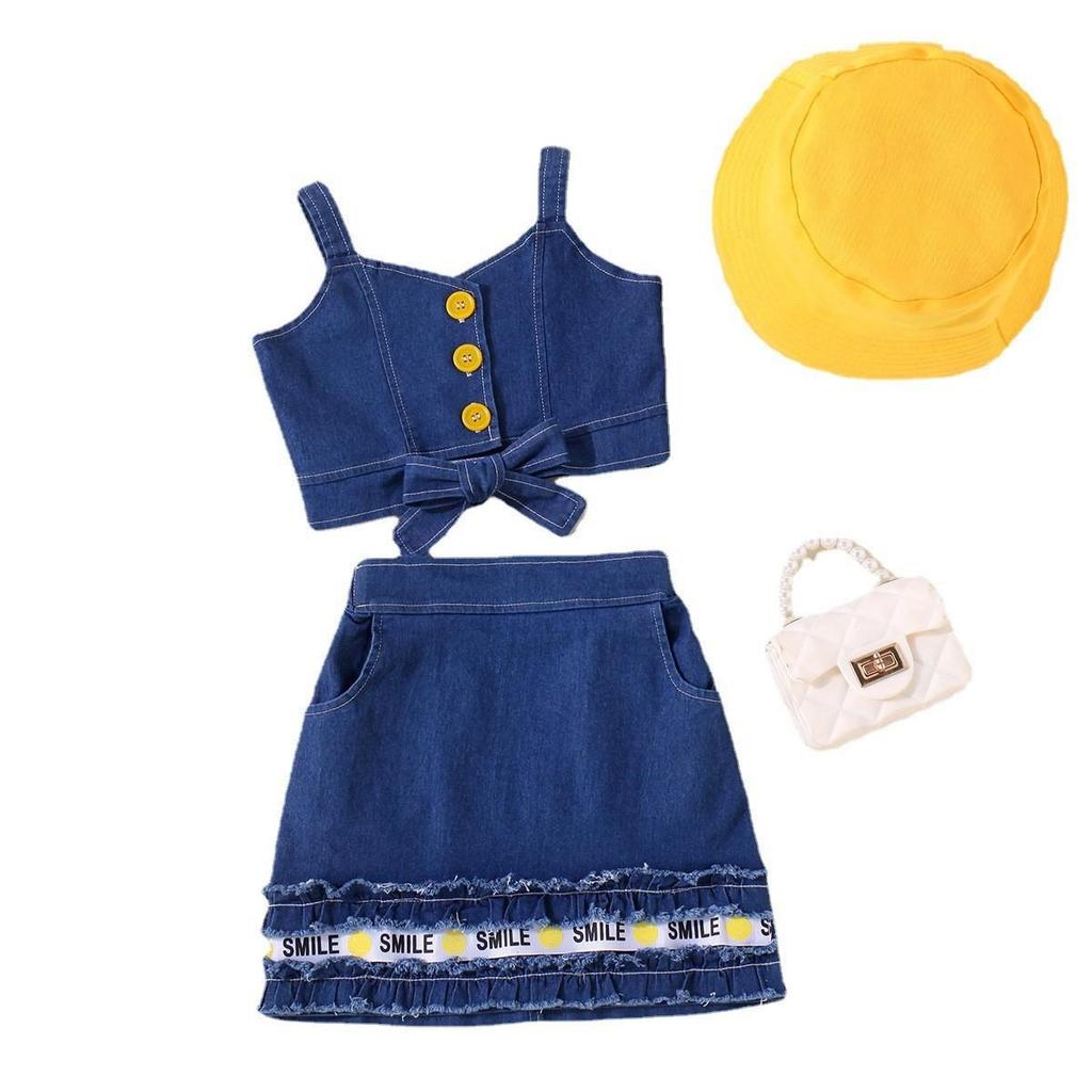Girls' Fashion Set Summer Children's Strappy Top with Fisherman's Hat and Short Skirt Set