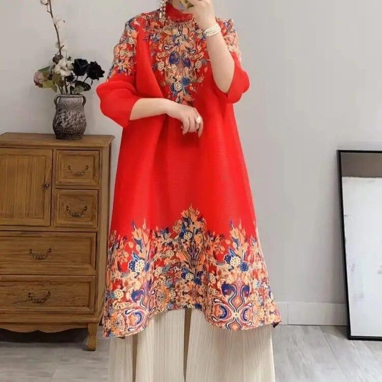 Ethnic Wind Printed Pleated Dress Spring and Summer New Fashion Foreign Air Large Size Thin Age-sen Long Sleeve Long Skirt
