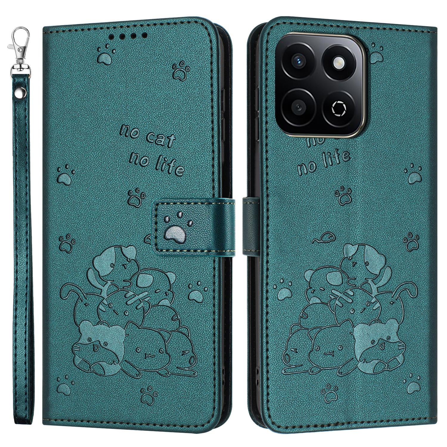 

For Honor X7c 4G/Play 60 Plus 5G/200 Smart 5G/Play 9T Case with Strap Cats Imprint Leather Wallet Phone Cover Blackish Green