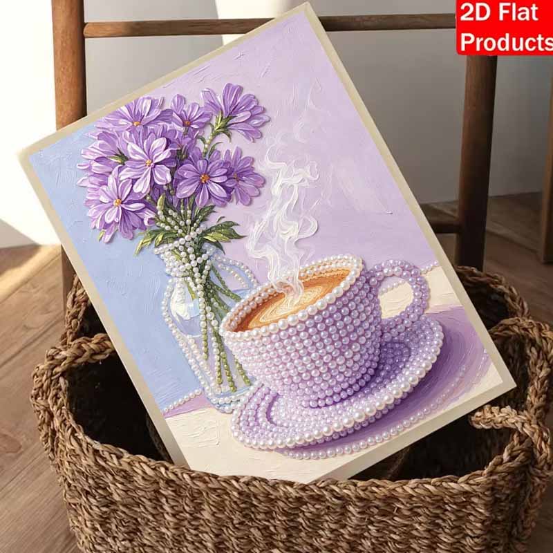 DIY Frameless Pearl Painting Kit Purple Coffee Cup and Floral Vase 3D Shiny Bead Art Canvas Relaxing Craft for Home Wall Decor Gift