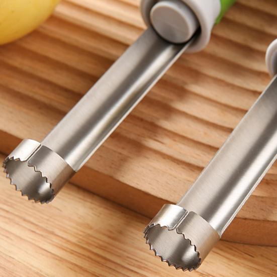 2-in-1 Obstentkerner und Schäler mit gezahnten Doppelklingen Edelstahl-Gemüseentkerner Ergonomischer Griff Küchenwerkzeug