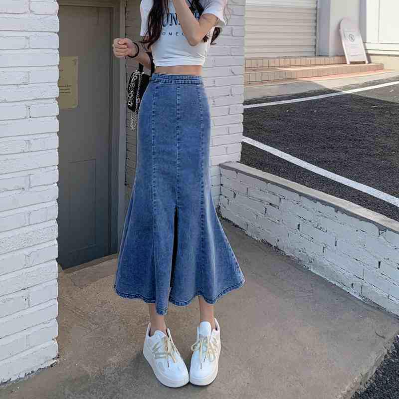 Elegant Summer Black Thin Package Hip Elastic Open Fork Fishtail Skirt Ruffled Temperament Female Versatile Comfortable Fashion Denim Bustier Skirt