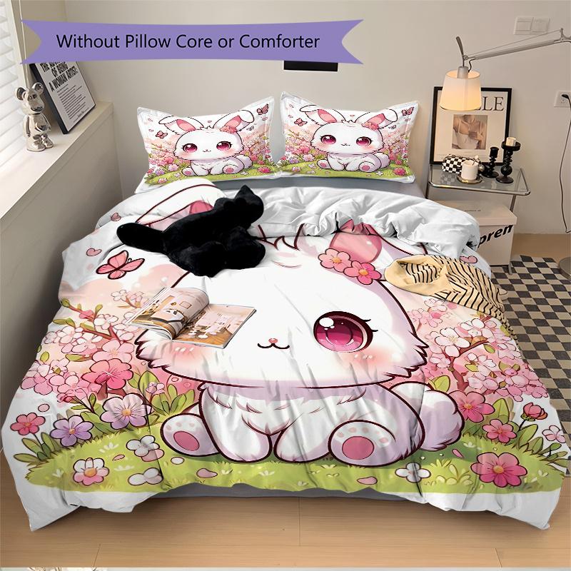 3pcs Sweet White Rabbit Bedding Set, Including 1 Quilt Cover and 2 Pillow Shams, Without Filling, Soft and Comfortable Home Bedroom Fabric, 135cm*200cm