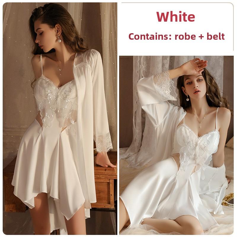 Sexy Decolteu Adânc Cu Adunare Plus Pad Piept Perspectivă Plasă Spate Gol Mărime Mare Cămașă de Noapte Robă Set Loungewear