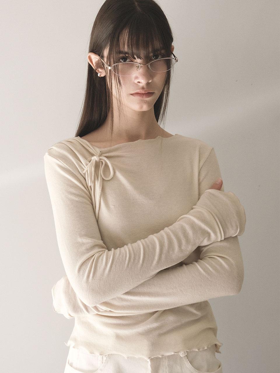 Ed Mang Wool Tencel Ribbon Shirred Top - Ivory Ivory/Free