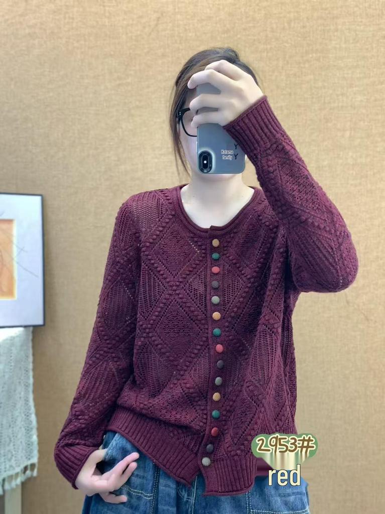 2026 Autumn Women's Diamond Pattern Knit Cardigan - Colorful Buttons, Long Sleeve, Soft and Skin-friendly Jacket.