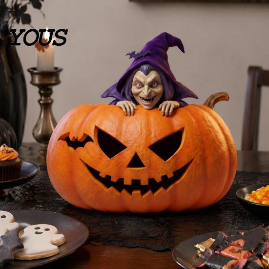 Halloween Desktop Decor Resin Pumpkin Witch Figurine, Spooky Bat Detailed Tabletop Decor, Stable Hand Carved Base Mini Statue for Window Showcase Home