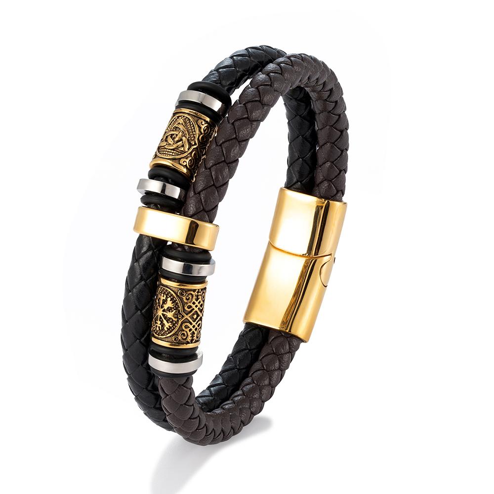 Viking Compass Runes Amulet Bracelet for Men Stainless Steel Genuine Leather Norse Mythology Jewelry