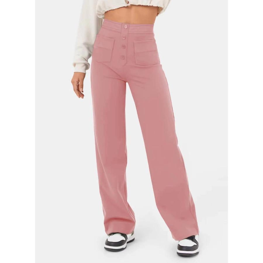 Fashionable Women's Casual Straight Leg Pants with High Waist Button Elastic Band Multiple Pockets Trousers Women’s