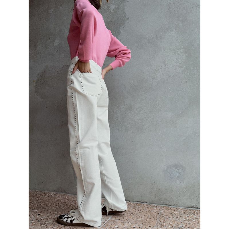 Za2025 Autumn New Women Clothes Simple and Versatile Slimming Rivet Decoration Mid-Waist Straight Jeans 6147040