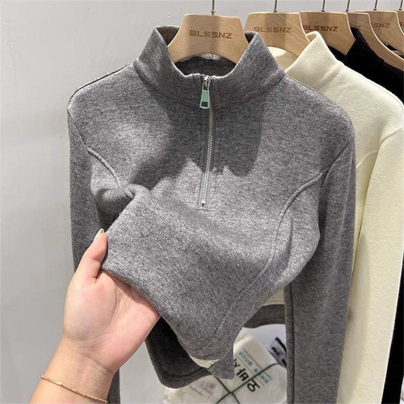 Semi-turtleneck zipper long-sleeved T-shirt women's autumn and winter velvet German velvet bottoming shirt with slim-fitting fake two-piece top