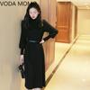 Women 2021 Autumn Winter Elegant Dresses Female Ribbed Knitted Sweater Dresses Ladies Turtleneck Long Sleeve Midi Vestidos