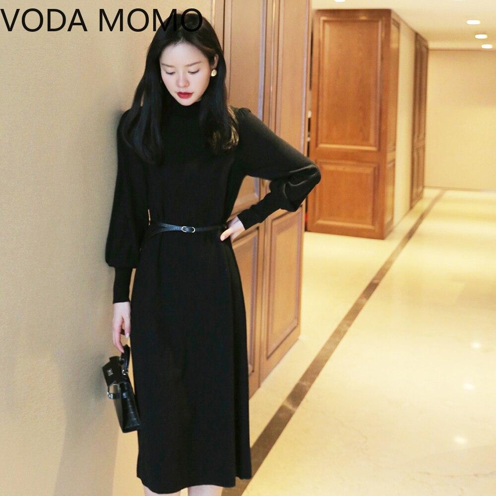 Women 2021 Autumn Winter Elegant Dresses Female Ribbed Knitted Sweater Dresses Ladies Turtleneck Long Sleeve Midi Vestidos