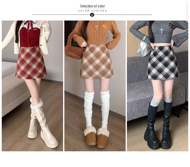 Women's High Waist Red Wool Plaid Skirt, 2025 A-line Slim Fit for Autumn/Winter