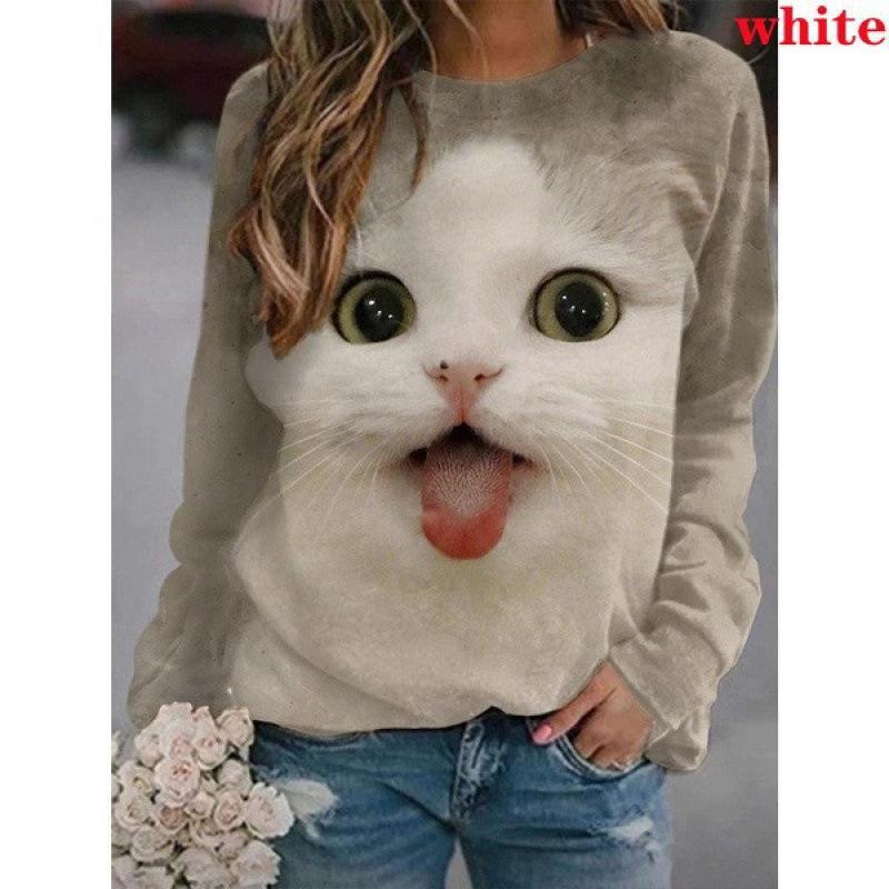 Höst 3D Katt Tryckta Sweatshirts Trendiga Casual Sport Långärmade Dam Sweatshirts