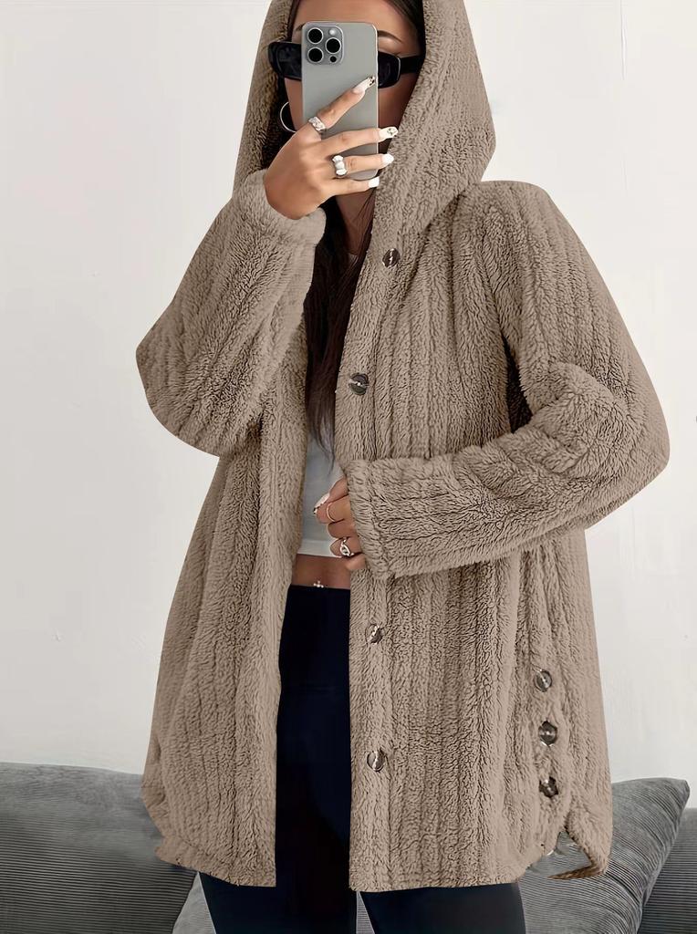 Women's Hooded Fleece Cardigan Jacket Loose Long Sleeve Button Front Casual Coat Winter Outerwear