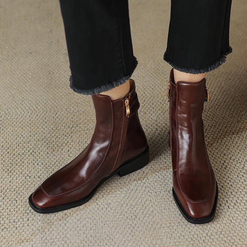 Fashion 2025 New Autumn Women Boots Square Toe Low Heel Women Shoes Genuine Leather Retro Brown Ankle Boots Block Retro Leather Boots