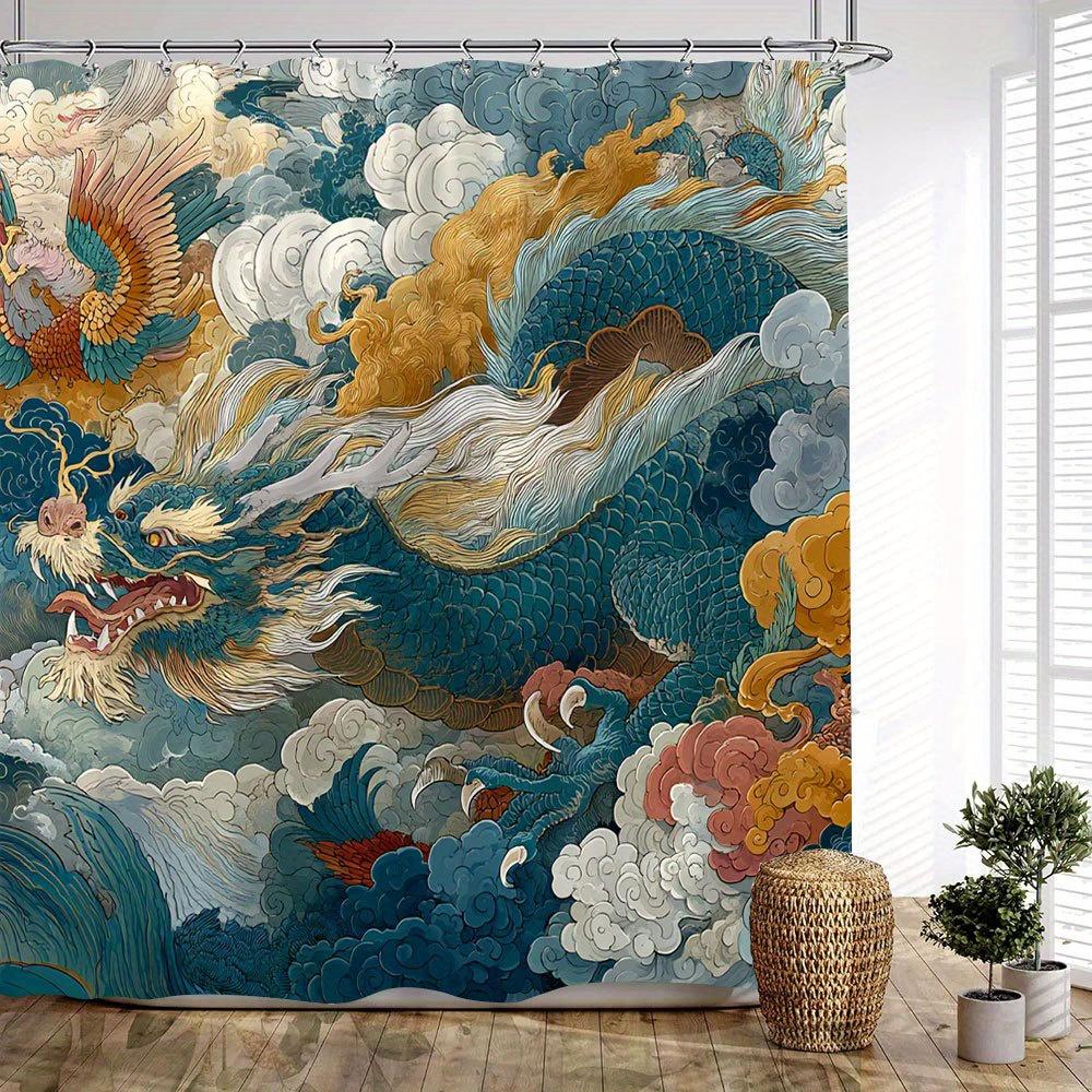 Dragon & Phoenix Print Waterproof Shower Curtain For Bathroom, Traditional Oriental Design High-End Toilet Partition Curtain
