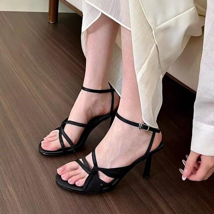 

2025 spring and summer new beautiful one-word sandals transparent crystal rhinestone high-heeled cool slippers thin heel wear half drag 35 чёрный