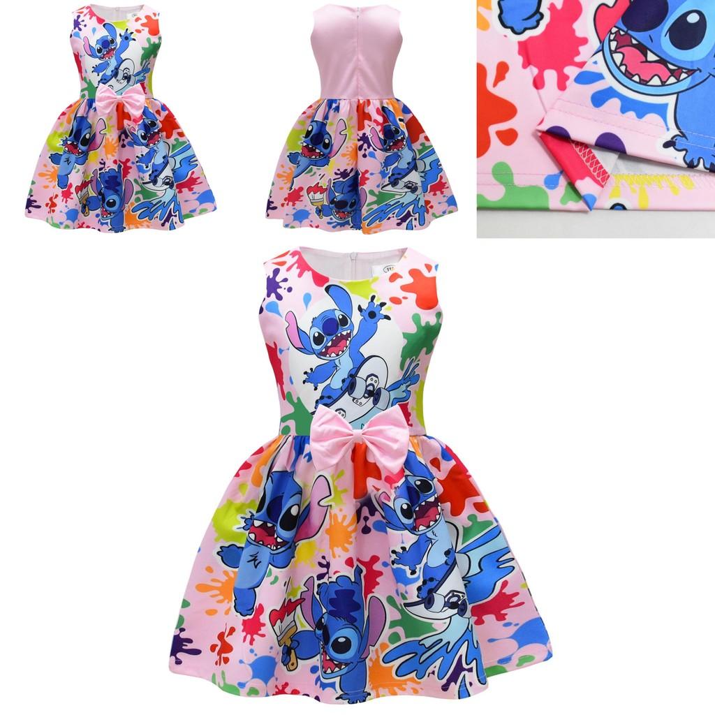 Vestido de Menina Lilo Stitch Com Laço de Borboleta Poliéster Algodão Para Primavera Outono Brincadeiras