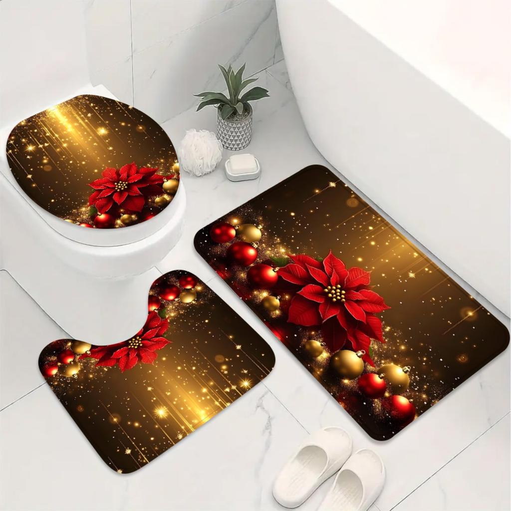 4Pcs Printing 4pcs. Christmas with Shower Curtain Set with Non-Slip Bath Mat, Toilet Lid Cover, Contour Rug & 12 Hooks, Bathroom Decor