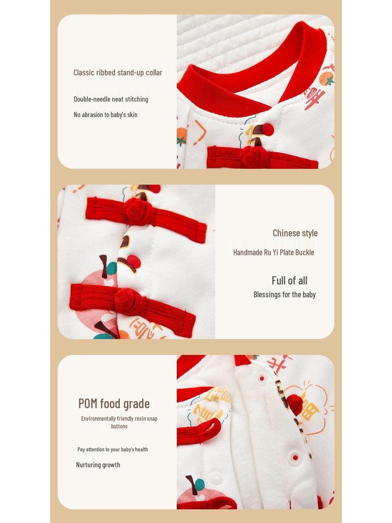 Czerwony bawełniany pajacyk dla niemowląt na Chiński Nowy Rok – Ciepły zimowy kombinezon do raczkowania dla noworodków