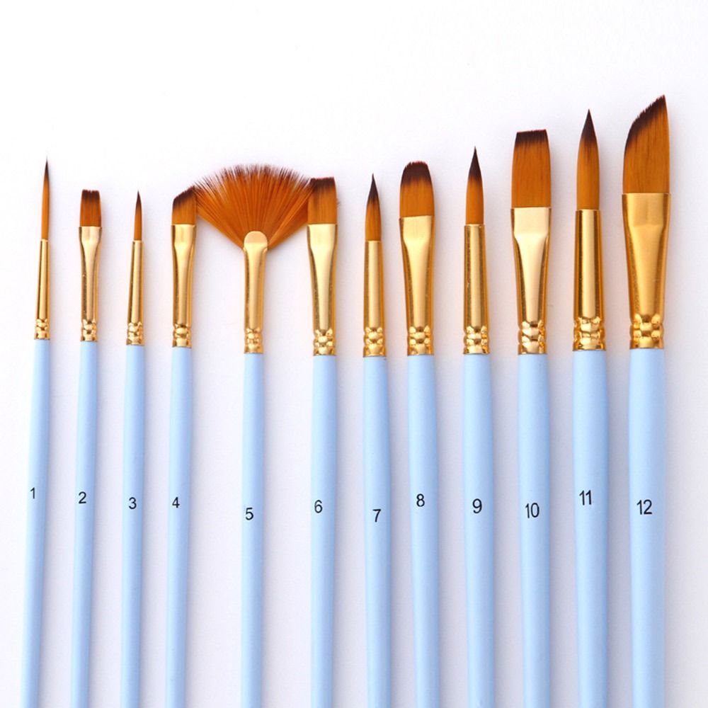 12Pcs Nylon Watercolor Brush Set Pointed Round Flat Head Soft Hair Hand Drawn Watercolor Artists Beginner's Art Painting Brushes