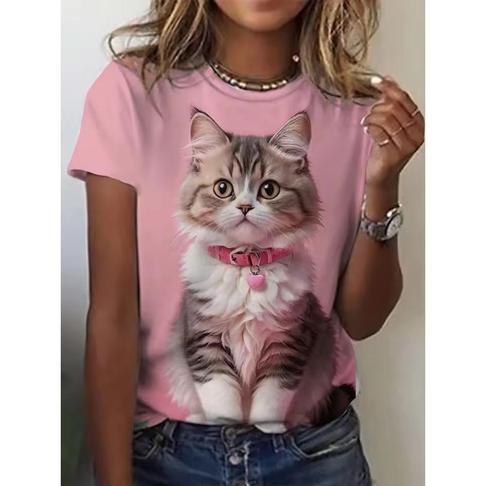 Ladies Summer Fun Cat Printed Large Loose Casual T-shirt Fashionable Comfortable Soft Breathable Short Sleeved T-shirt