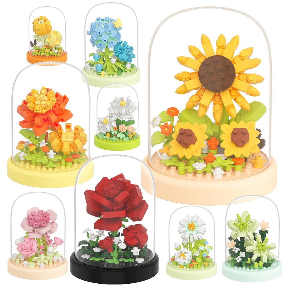 HUIQIBAO MOC Flower Display Box Micro Building Block Rose Succulent Mini 3D Diamond Model Brick Toy for Children Desk Decoration
