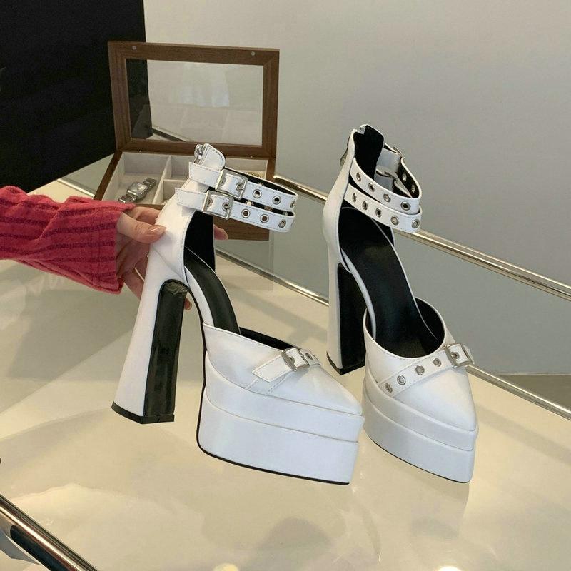 

Модные туфли-босоножки с острым носком на массивном каблуке, весна-лето 2025, новые, 14 см, черные, на водонепроницаемой платформе, женская обувь для показа, одинарные туфли 42 белый
