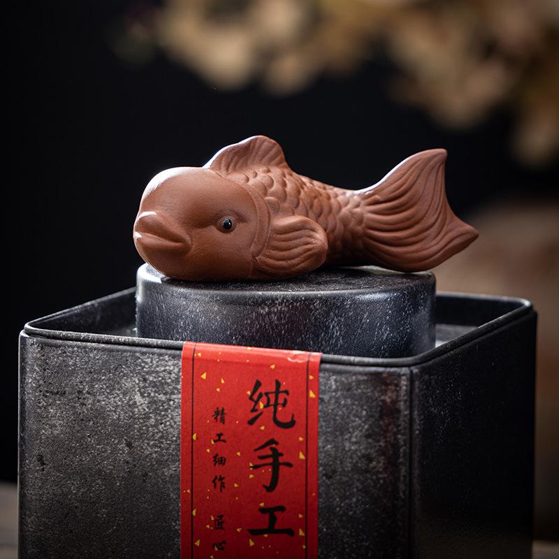 Handmade Purple Clay Fish Tea Pet Nurturable Symbol of Abundance for Gongfu Tea Ceremony Home Desk Decor Collectible Gift