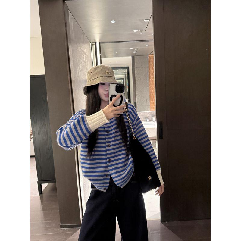 Kumikumi Retro Contrast Color Stripes Polo Collar Sweater Outwear Female Autumn Leisure Soft Glutinous Loose Knitted Cardigan