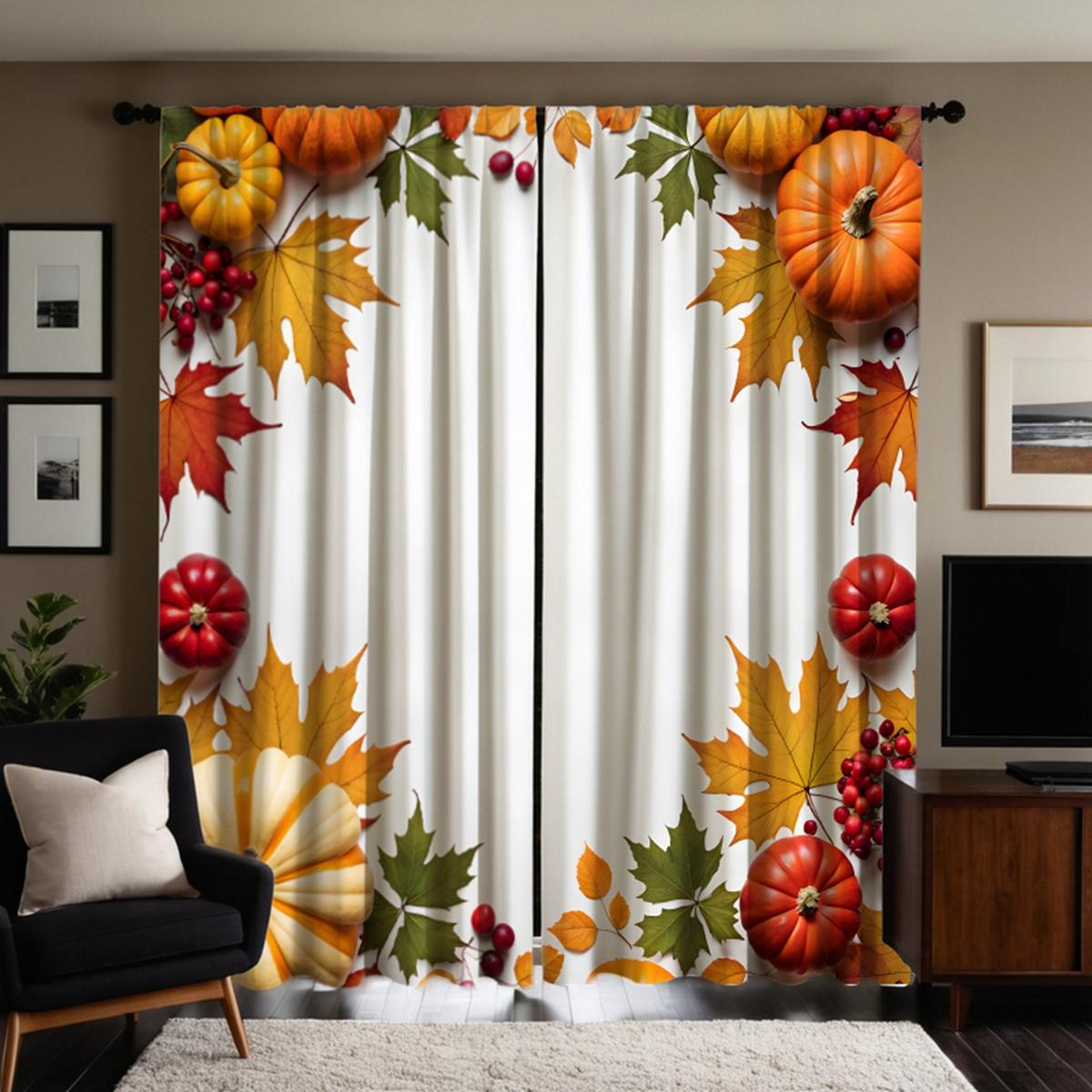 

Комплект из 2 предметов HD Harvest Festival, маленькая свежая тыква, кленовый лист, занавеска, белая, с цифровой печатью, занавеска для домашнего декора в стиле Decora W52H63inchW132H160cm