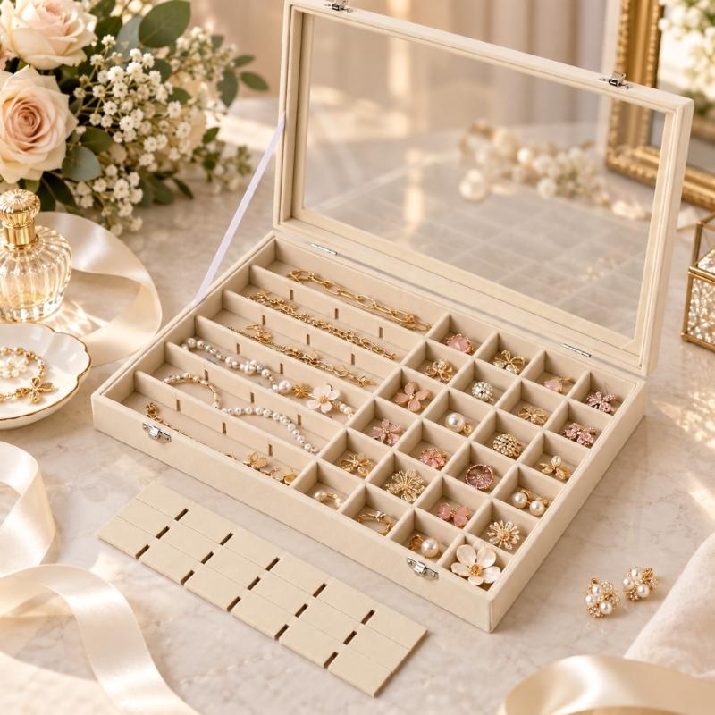Soft-Lined Jewelry Storage Tray with 48 Sections, Adjustable Dividers, and Clear Cover for Dresser or Drawer Storage