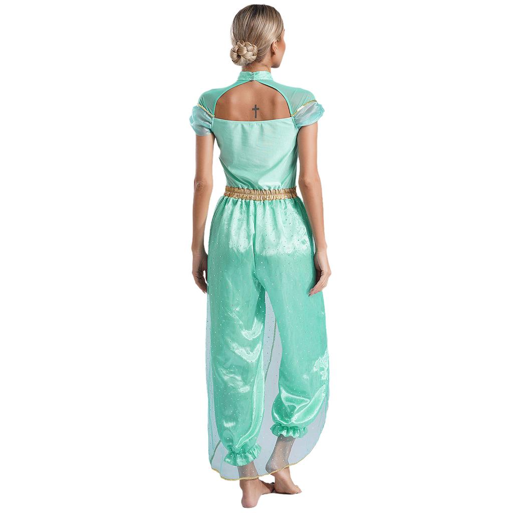 Womens Arabian Princess Jumpsuit Gems Adorned Sequined Overlay One Piece Romper Belly Dance Halloween Costume