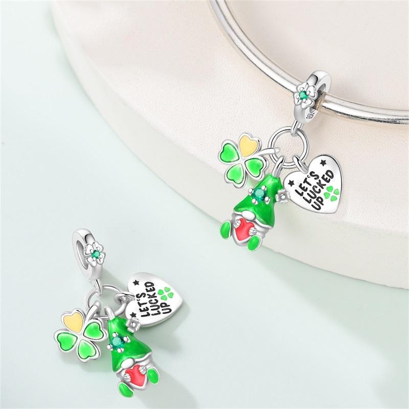 925 Silver St Patricks Day Lucky Charm Green Clover Pendant Bead for Women DIY Jewelry Necklace Bracelet Gift