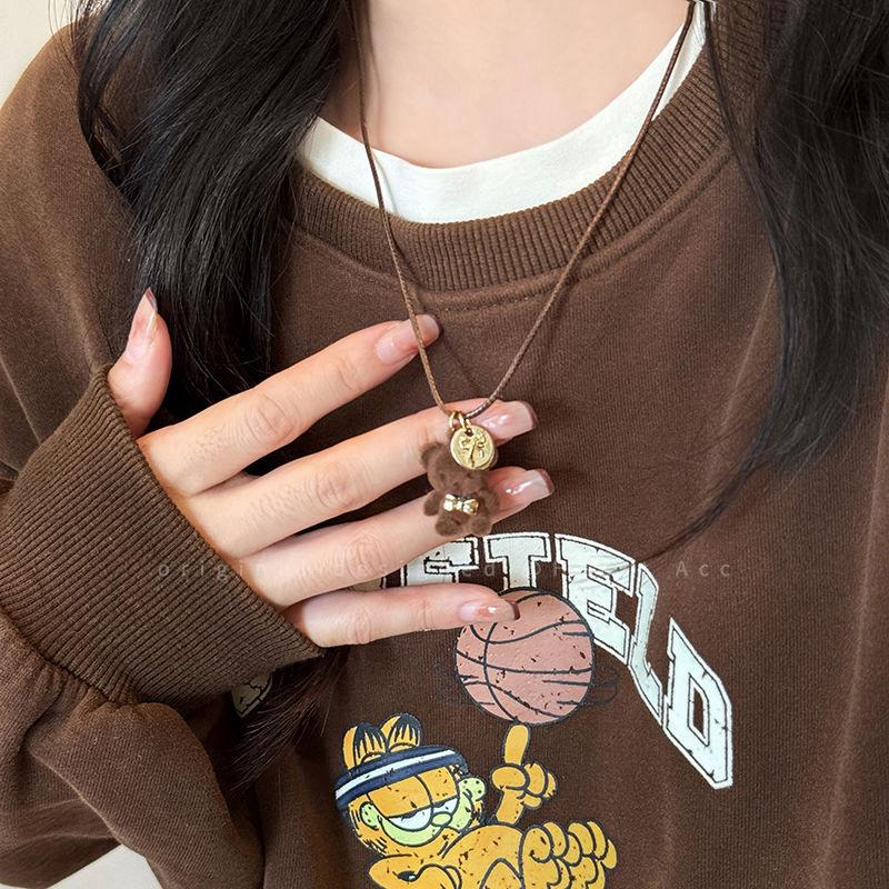 Fashion Chain Necklace Cute Plush Bear Pendant Necklace Women'S Sweater Necklace Pu Leather For Women'S Sweater Gift Autumn
