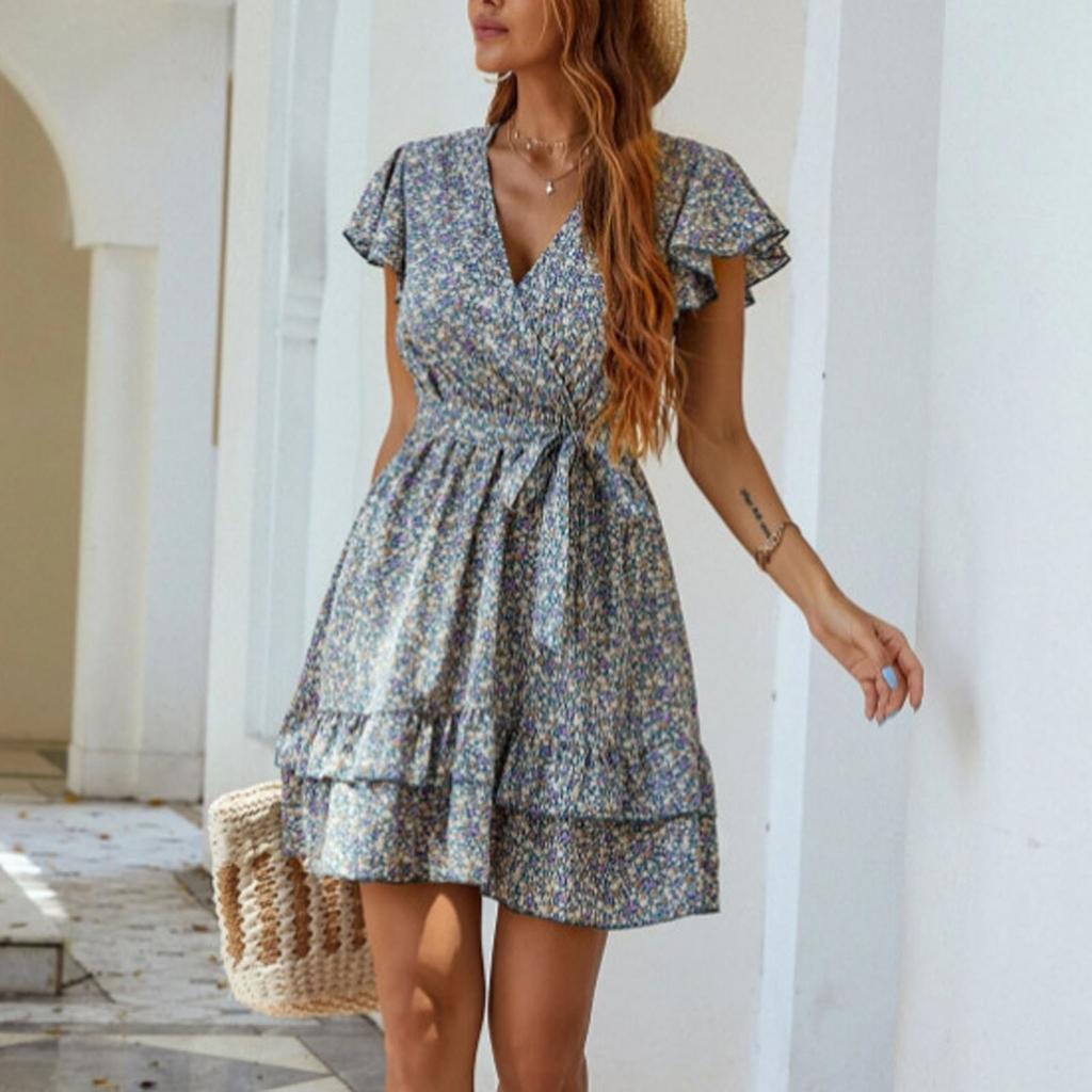 Women Bandage Fashion V-Neck Sexy Short Sleeve  Dress Fashion Dress