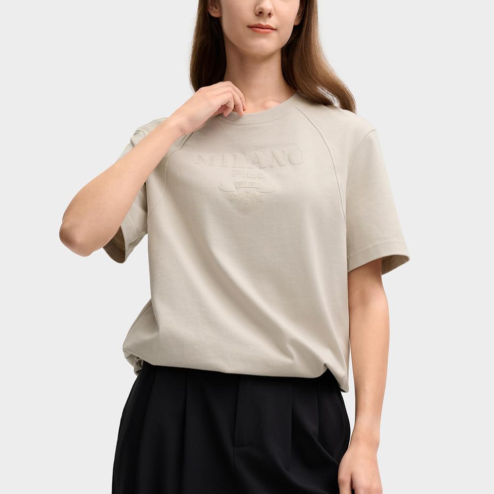 Fila Milano Series Casual Knit Short Sleeve Round Neck T-Shirt Women Tops Light-Khaki F11W515103FLK