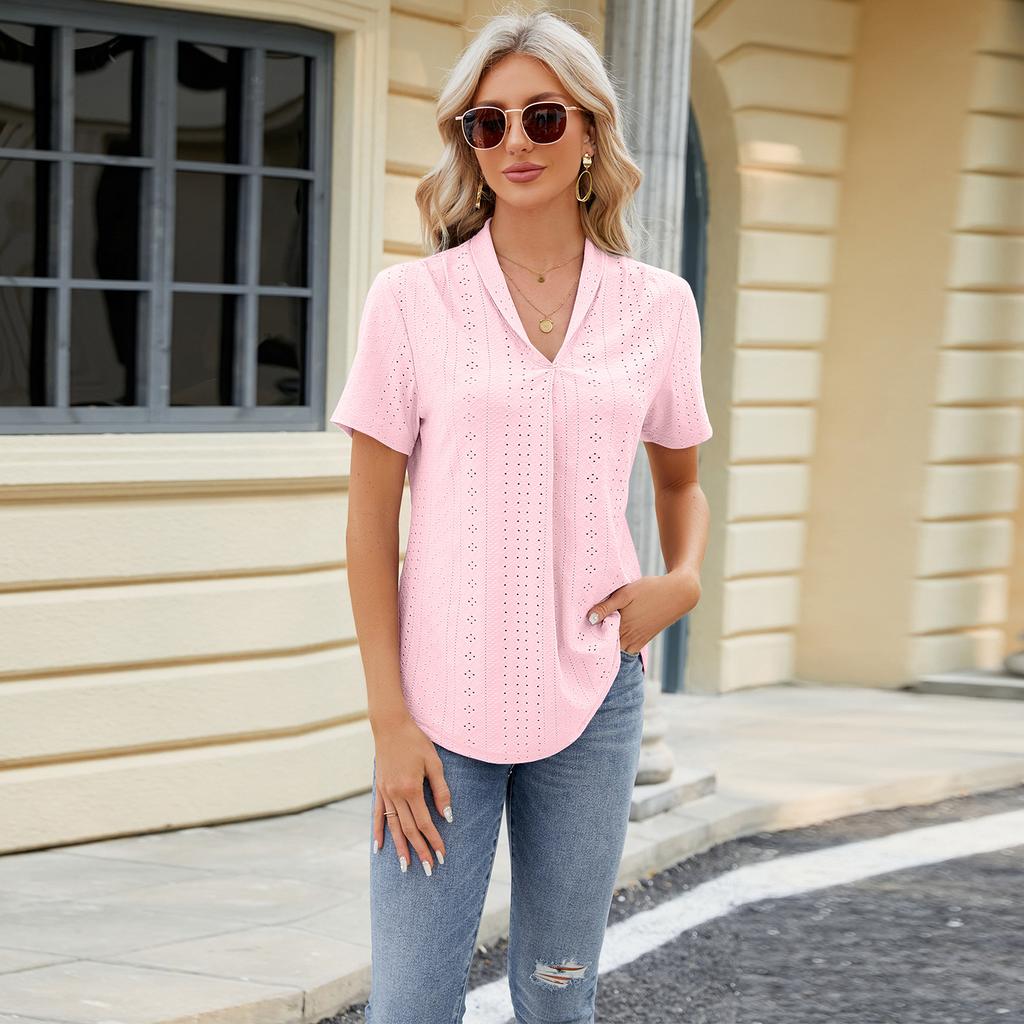 Women's Spring and Summer New, V-neck Jacquard, Loose Tops, Lapel Swallowtail, Short Sleeve T-shirt