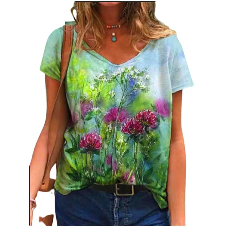 Casual Summer Women 2025 New Short Sleeve V-Neck Loose Oversized Tops Streetwear Floral Printed