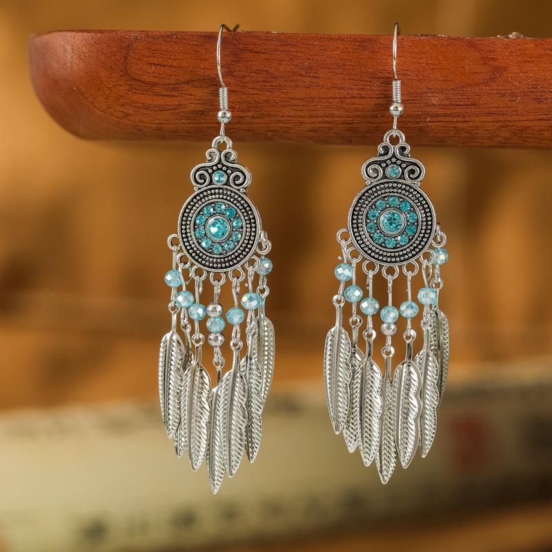 Vintage Bohemian Drop Dangle Earrings For Women Geometric Crystal Beads Handmade Leaf Tassel Ethnic Boho Beach Holiday Zircon