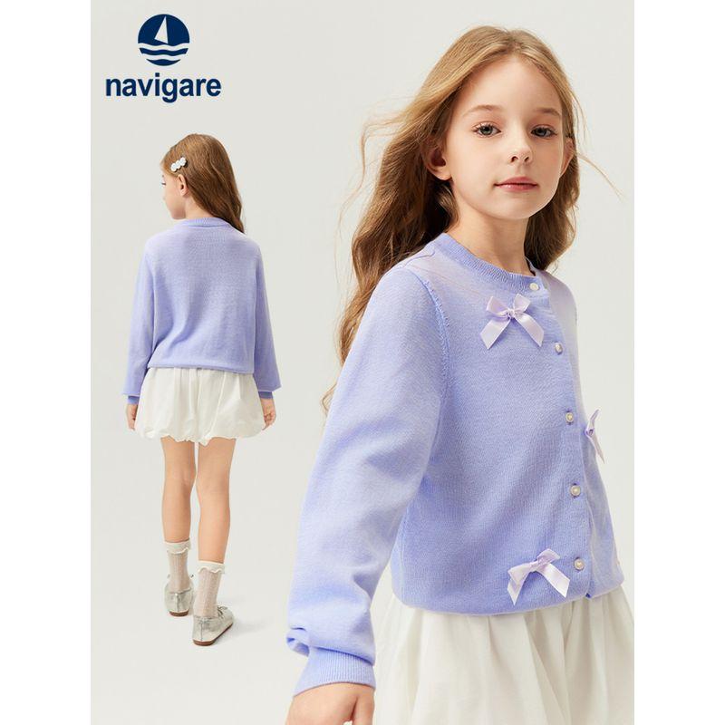Navigare Italian Small Sailboat Children's Knitted Cardigan Sweater Spring Girls' White Jacket with Bow Top