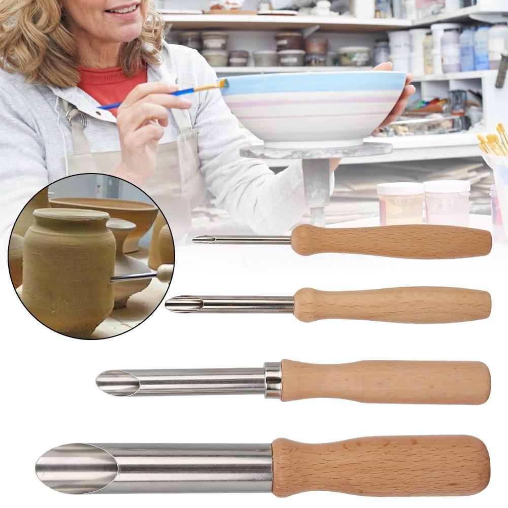 4 Piezas Herramienta de Cerámica Acero Inoxidable Perforador de Agujeros Mango Redondo de Madera Juego Hecho a Mano