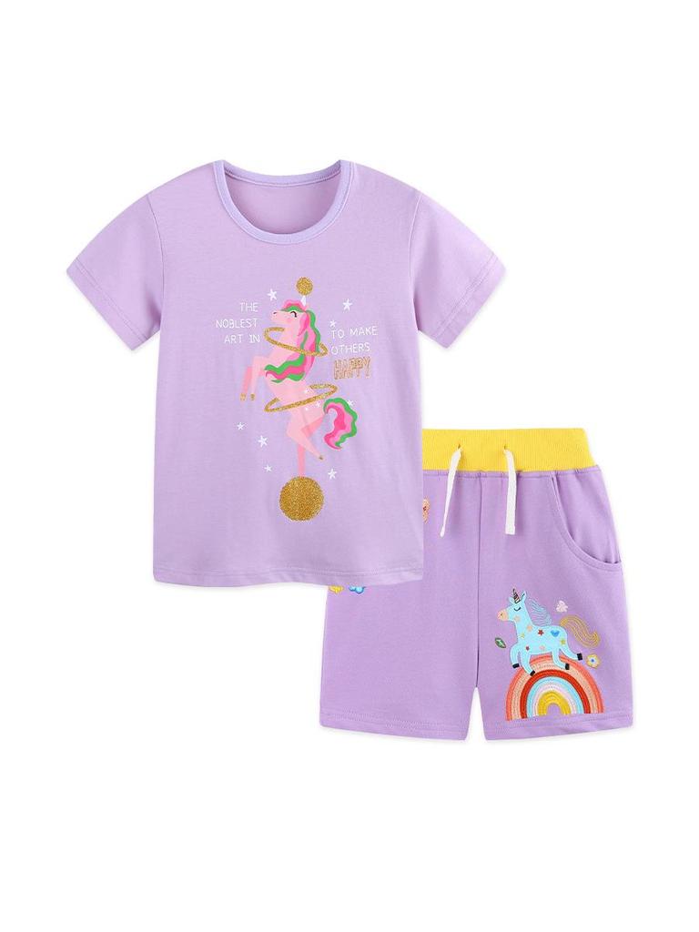 Summer Girls' Unicorn Print Shorts & Sweatshirt Set - European & American Style