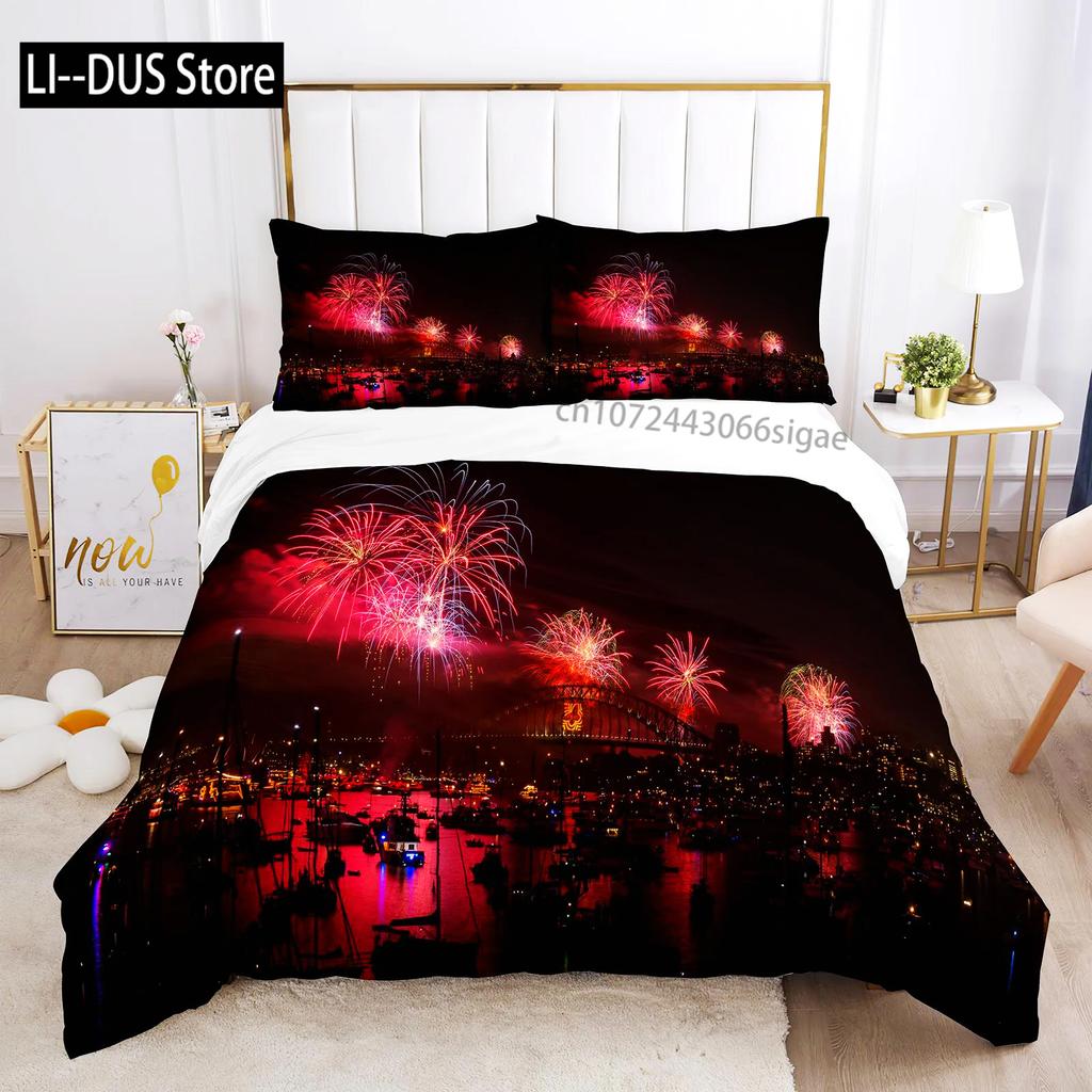 Colourful Fires Bedding Set Washed Cotton Firework Duvet Cover Queen Size Celebrate Merry Christmas Theme Soft Comforter Cover