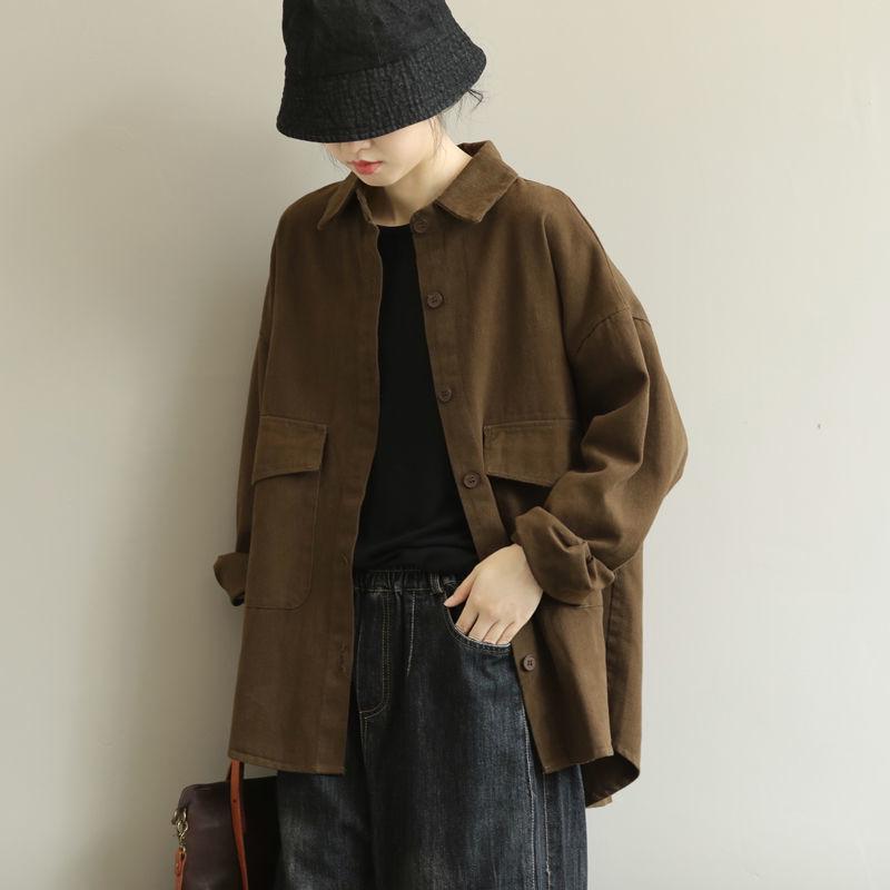 

2024 Ретро-искусство Свободная куртка с длинными рукавами - Однотонный лацкан, повседневный универсальный топ для женщин 2XL кофейный